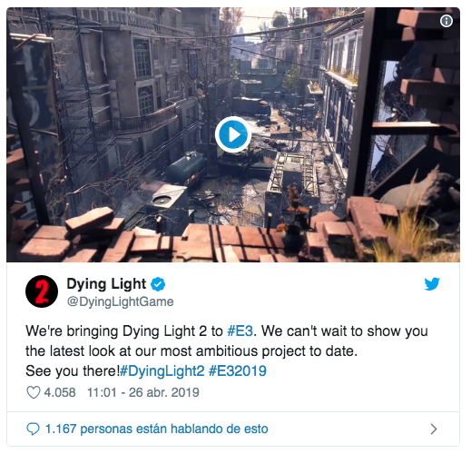 Techland a través de su cuenta oficial de Twitter acaba de confirmar que su imponente Dying Light 2 se presentará en el E3 2019. La noticia fue acompañada de un breve video trailer.