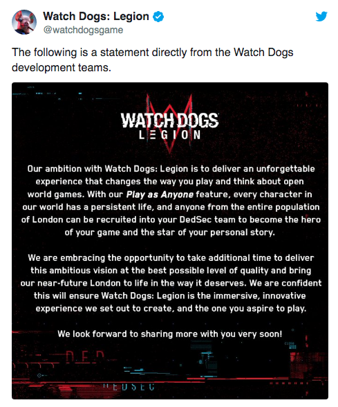 Watch Dogs Legion anuncia el retraso de su lanzamiento