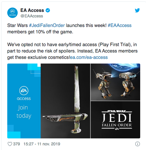 Star Wars Jedi Fallen Order teme a los spoilers y no llegará antes a EA Access